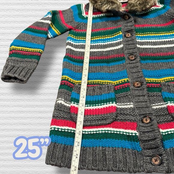 Hanna Andersson Knit Sweater Coat Faux Fur Collar Gray Multi Stripe 130 (8–10) - Picture 2 of 8